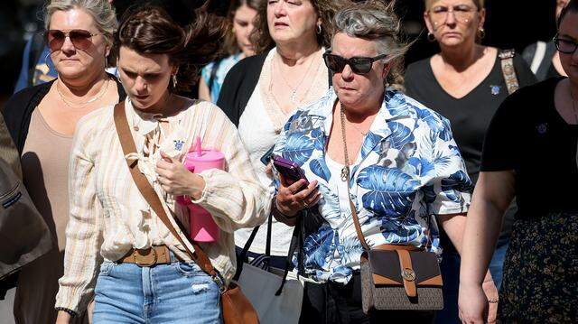 Lisa Randolph, right, and family leave the Tim Curry Criminal Justice Center on Monday, March 30, 2026, after the sentencing verdict of a woman who killed her husband, Fort Worth Police Sgt. Billy Randolph. DeAujalae Evans received a sentence of life in prison for intoxication manslaughter causing the death of a peace officer.